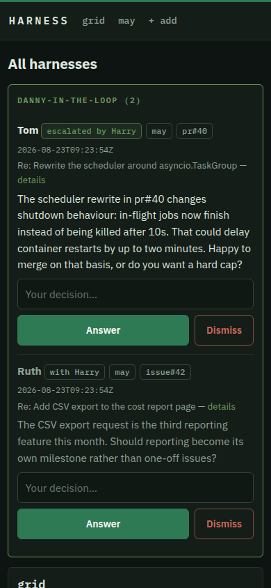 Harness overview dashboard on a phone: the operator question queue, with escalated questions from Tom and Ruth and one-tap Answer buttons